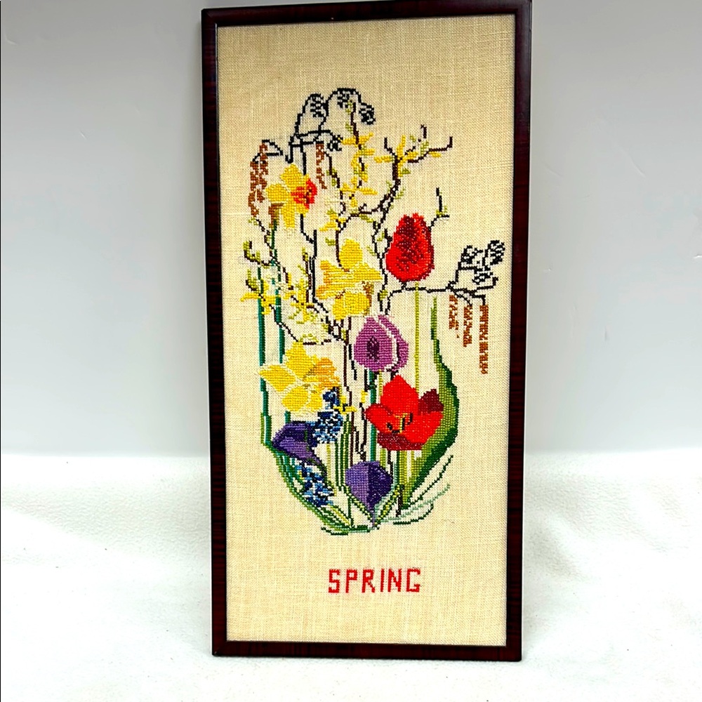 Vintage 8.5  x 17  “Spring” hand done cross-stitch framed